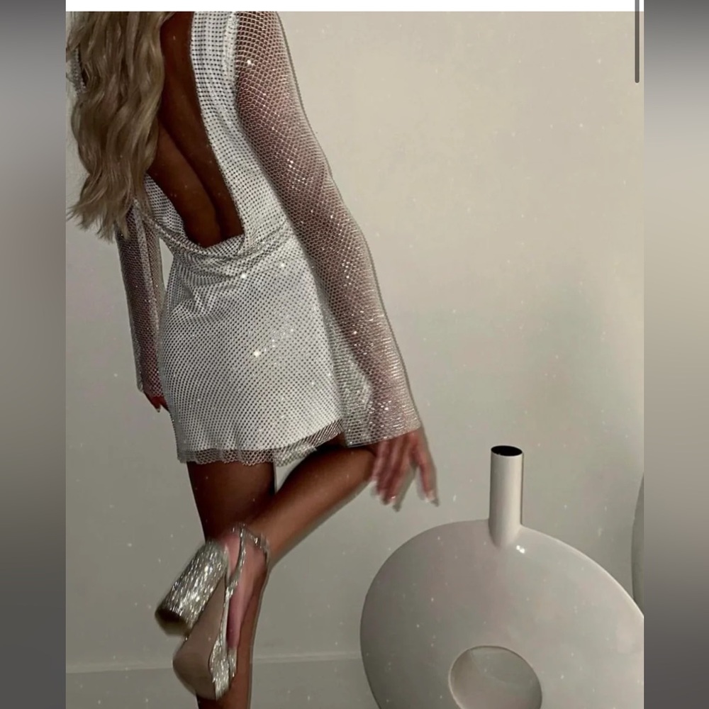 12th Tribe Anna White Rhinestone Mesh Mini Dress